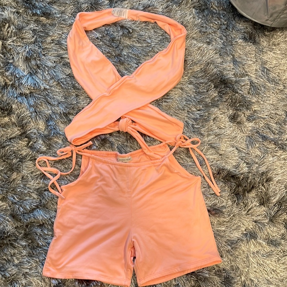 Peach two piece crop top and shorts